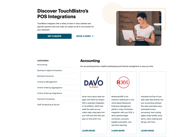 TouchBistro integrations marketplace displaying third-party partners across accounting, analytics, inventory management, online ordering and payment processing categories.
