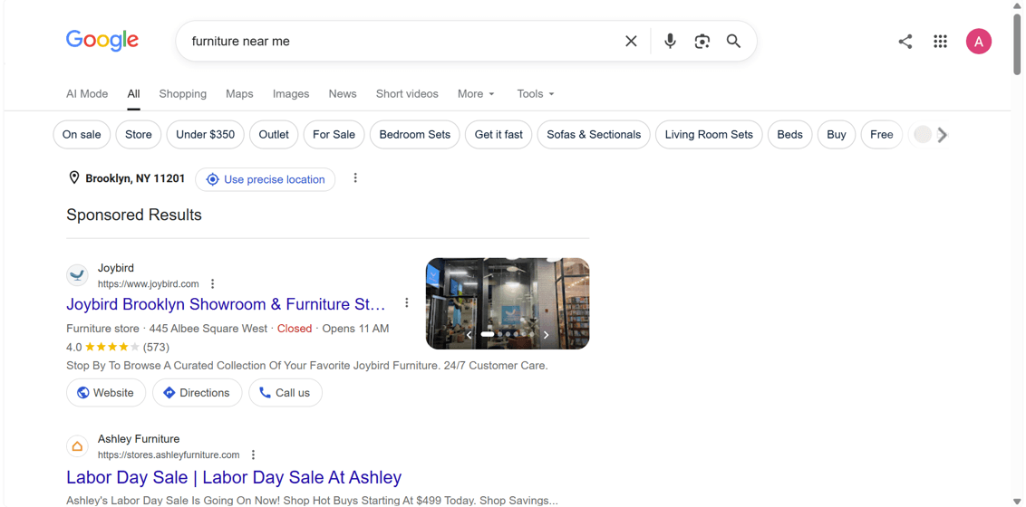  image of Google search results for the query “furniture near me”