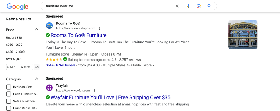 Wayfair sponsored ads in a google search