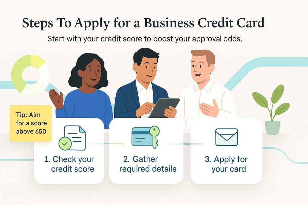 Three steps to apply for a business credit card with illustrations.