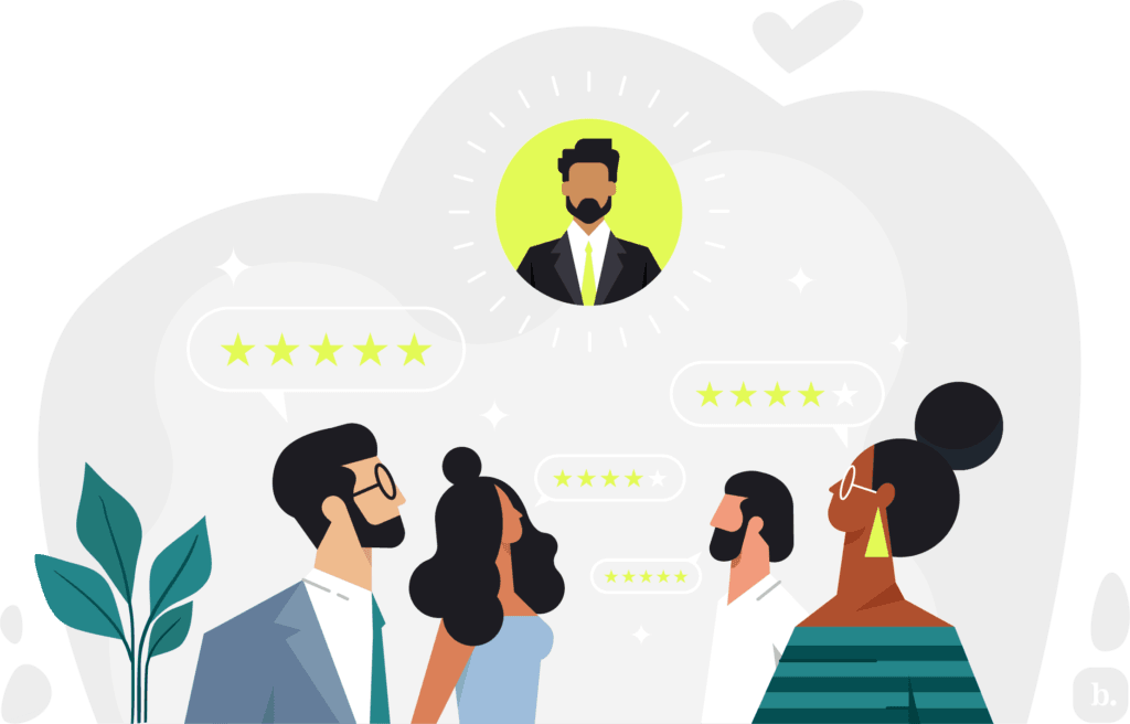 graphic of a group of people looking up a an icon of a person in a yellow circle