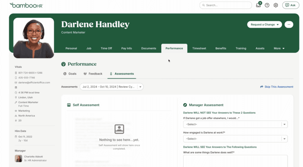 BambooHR employee profile showing performance assessment tools, including manager and self-evaluation forms.