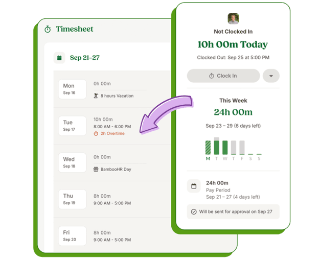 BambooHR Time Tracking interface showing employee timesheets, overtime tracking and mobile clock-in tools.