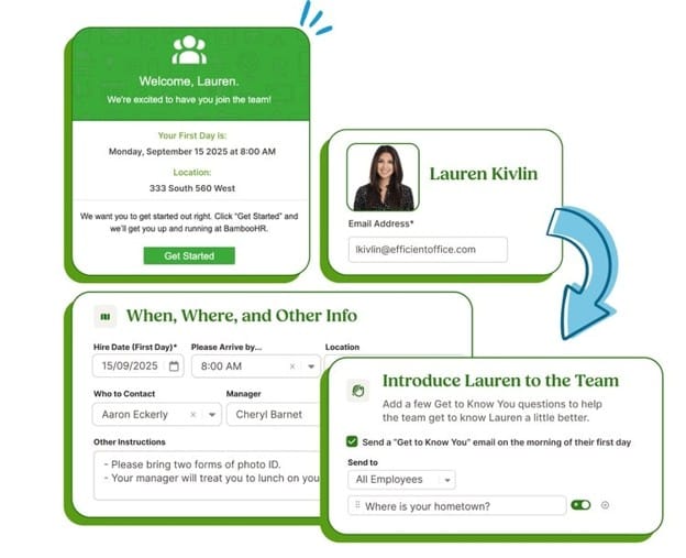 BambooHR onboarding workflow showing new-hire setup, employee records and automated welcome communications.