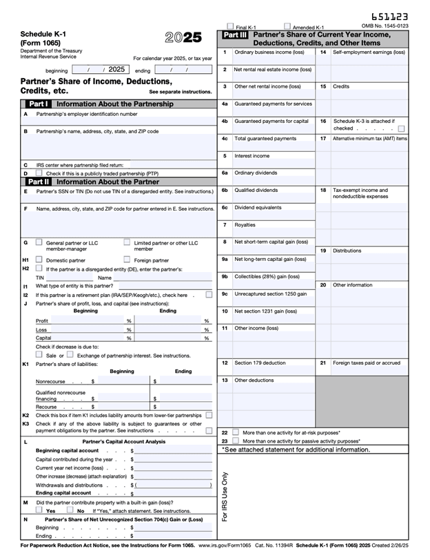 A screenshot of the 2025 Schedule K-1 (Form 1065) from the IRS website showing 