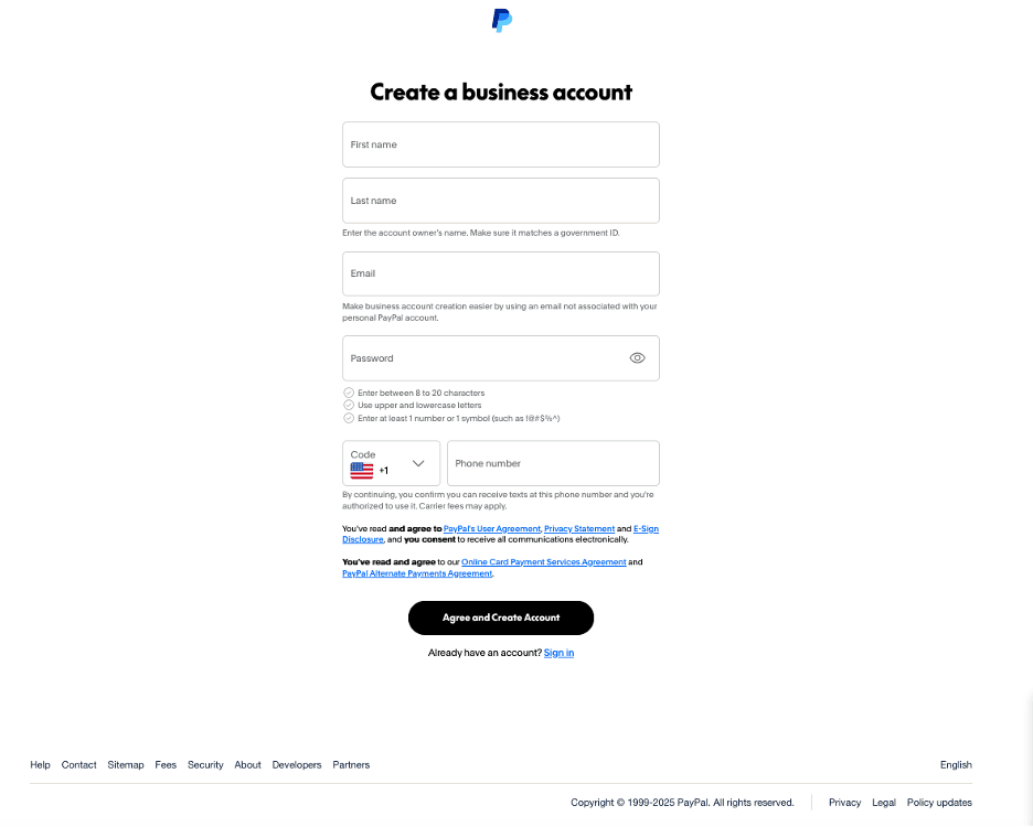 Create PayPal account