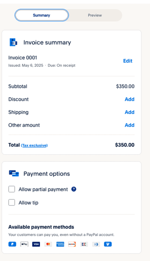 PayPal invoice summary
