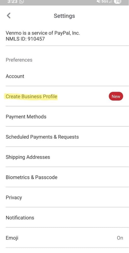 Venmo business profile