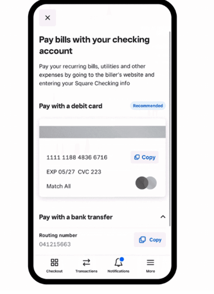 Square checking account displayed on a mobile device