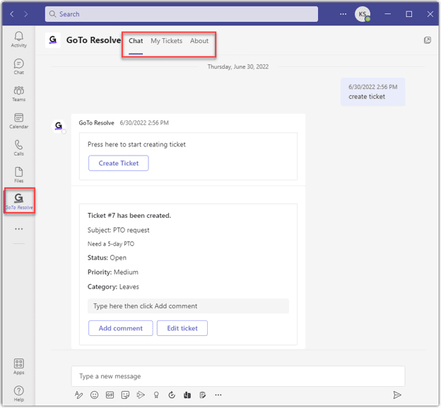 Employee creating and managing a support ticket in Microsoft Teams using LogMeIn Resolve.
