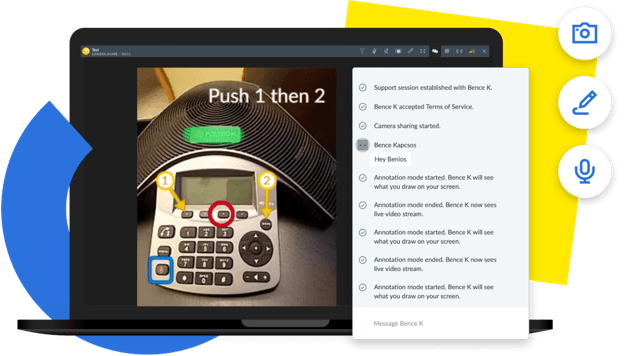 Technician using LogMeIn Resolve Camera Share to view and annotate a user's mobile camera feed during a support session.