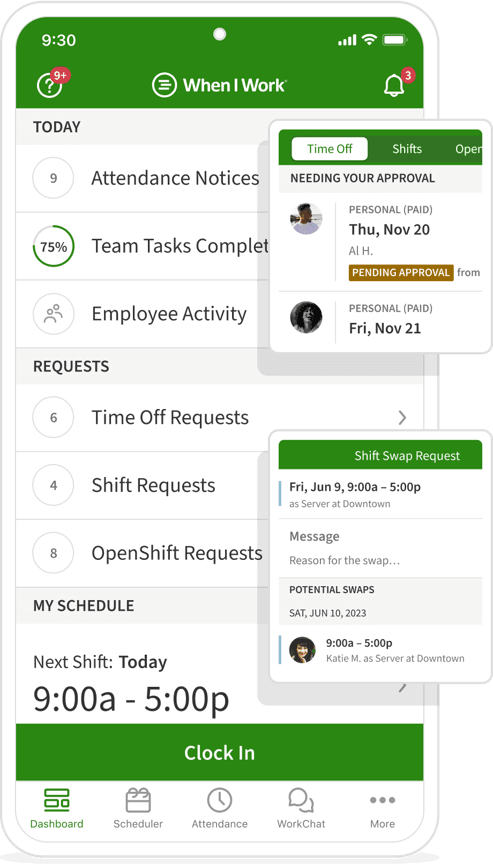 When I Work mobile app dashboard showing employee schedules, attendance notices, time-off requests, shift swaps and clock-in tools.