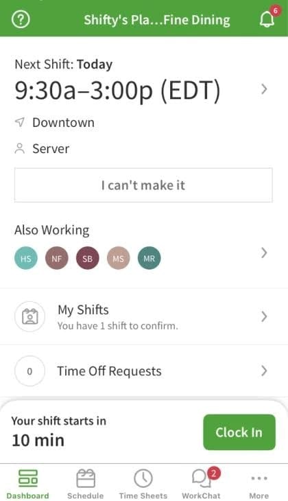 When I Work mobile app showing an employee's upcoming shift, clock-in button, time-off requests and shift management tools.