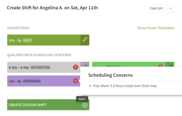When I Work scheduling screen warning a manager that assigning a shift would put an employee over their maximum scheduled hours.