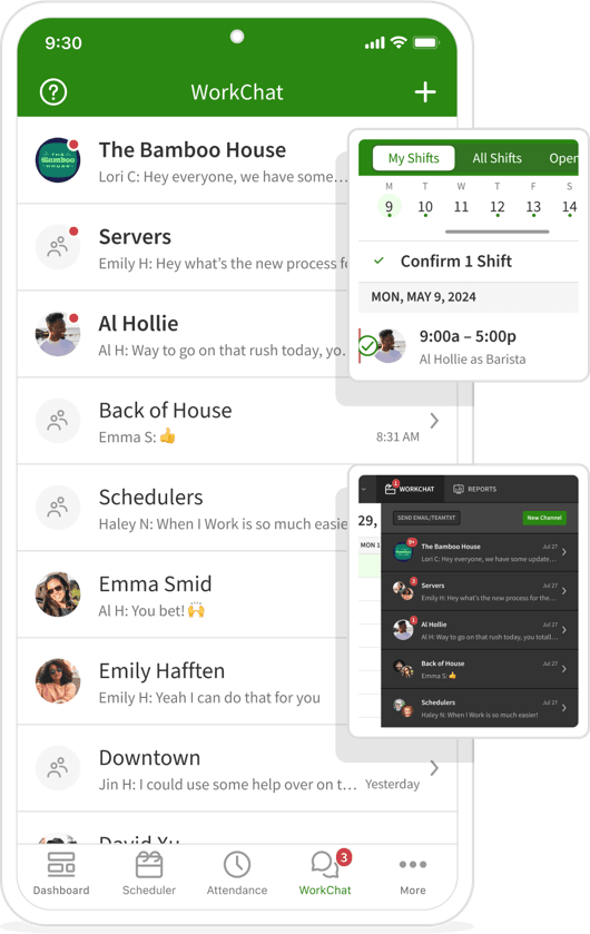 When I Work WorkChat mobile app showing team conversations, direct messages and shift confirmations.