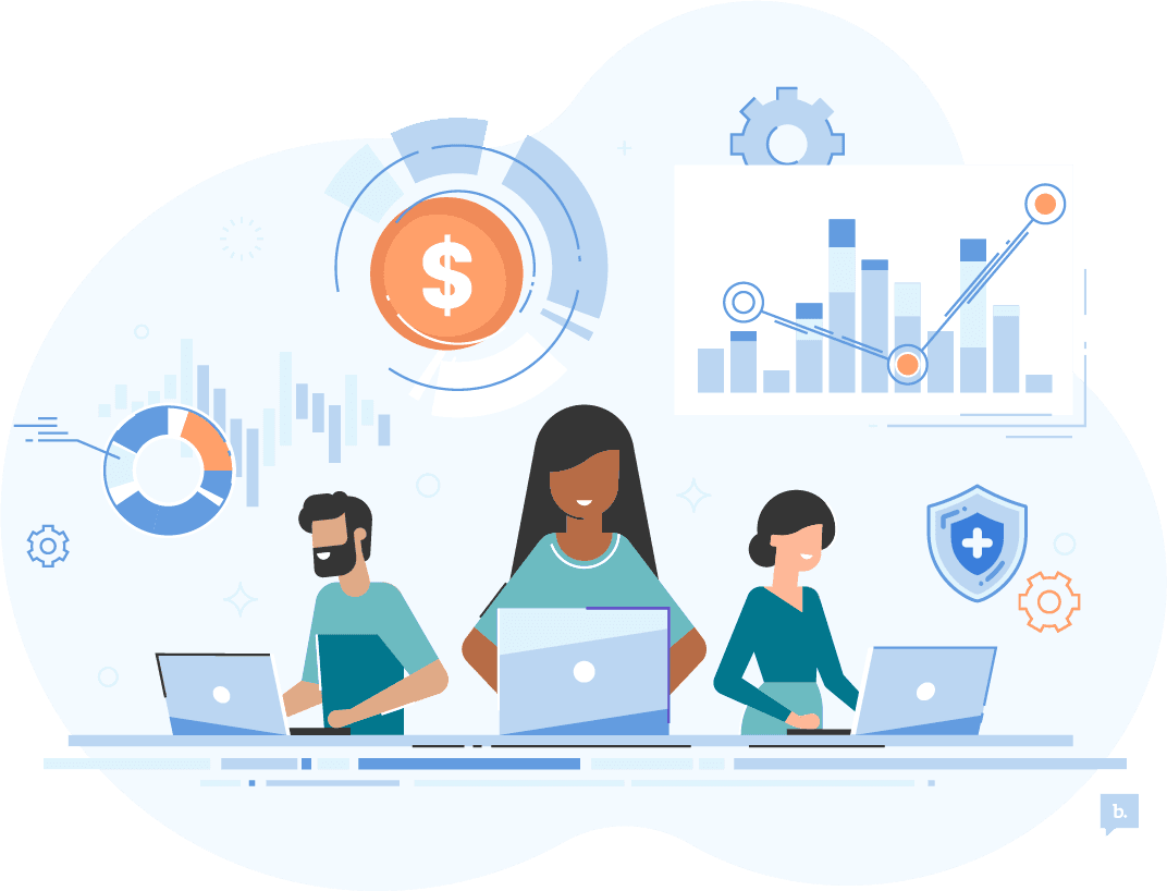 graphic of people working at laptops with symbols above their heads