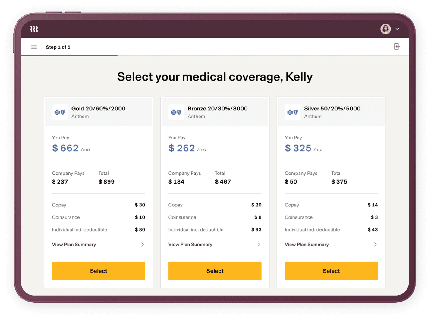 Rippling benefits selection