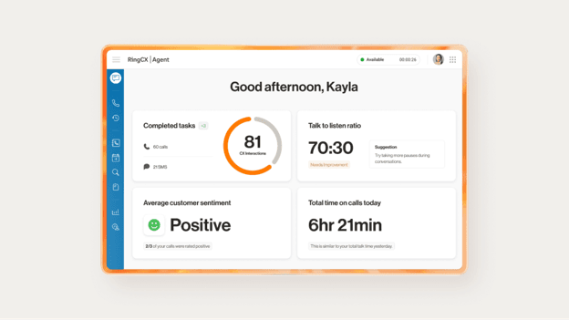 RingCentral RingCX agent dashboard displaying customer sentiment, talk-to-listen ratio, completed interactions and AI-generated coaching suggestions.