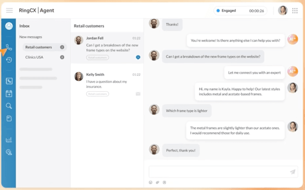 RingCentral RingCX agent inbox displaying customer conversations, AI-assisted responses and a unified workspace for managing customer interactions.