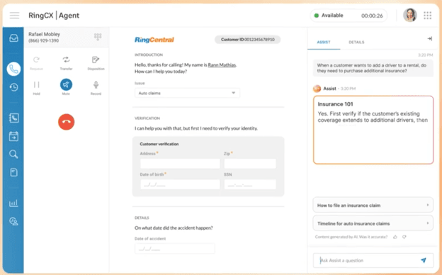 RingCX agent workspace displaying AI Agent Assist with real-time response suggestions and related knowledge articles during a live customer interaction.