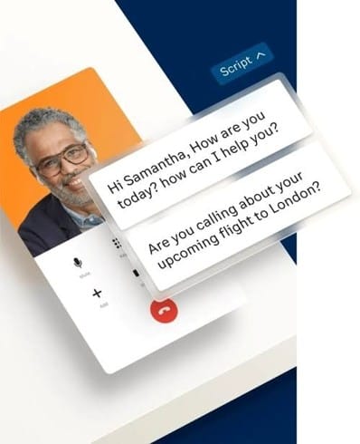 RingCX displays a live customer call with an on-screen conversation script that guides the agent through a personalized interaction.
