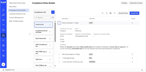 Five9's Compliance Rules Builder displaying configurable communication rules, consent management settings and do-not-contact controls.