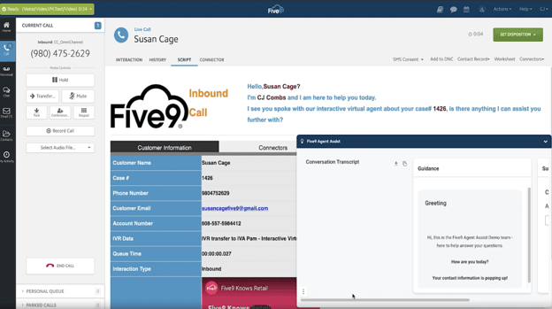 Five9's agent workspace displays customer information, call controls, scripts and AI Agent Assist guidance in a single interface.