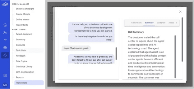 Five9 Agent Assist with automatically generated AI summary and transcript from a completed customer call.