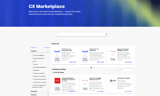  Five9 CX Marketplace showing categories and prebuilt integrations available for CRM, AI, security, workforce management and other business applications.
