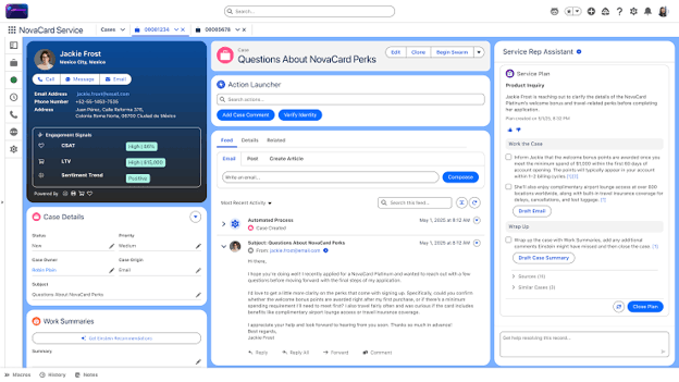 Agentforce Service workspace showing a customer case, CRM profile and AI-powered Service Rep Assistant helping an agent draft responses and complete service tasks.