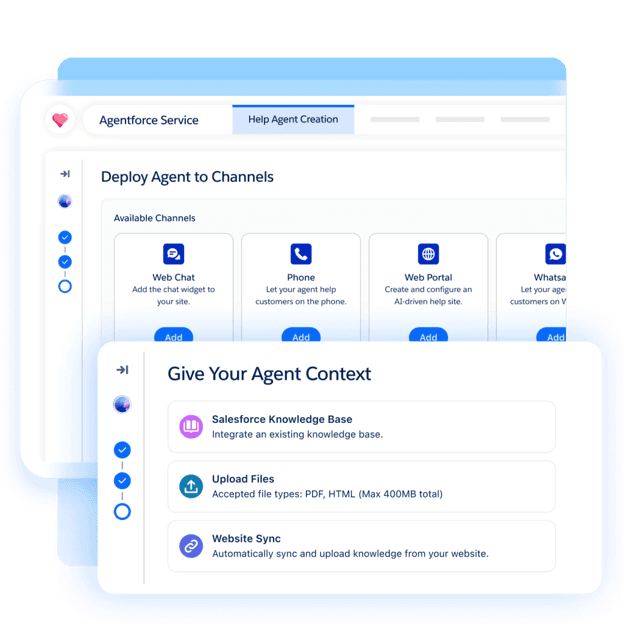 Agentforce Service interface showing AI agent deployment across web chat, phone, web portal and WhatsApp, along with tools for connecting knowledge sources.