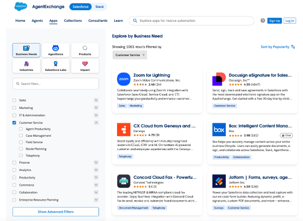 AgentExchange marketplace showing customer service integrations and apps from third-party vendors, including Zoom, DocuSign and Genesys.