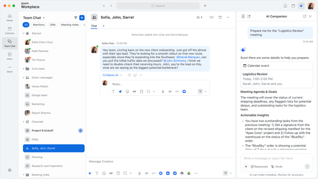 Zoom AI Companion helping users prepare for a meeting by summarizing agendas, surfacing action items and displaying calendar details alongside team chat conversations.