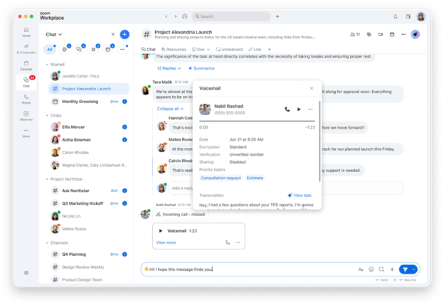 Zoom Team Chat workspace showing threaded conversations, shared channels and an integrated voicemail transcription with AI-generated follow-up tasks.