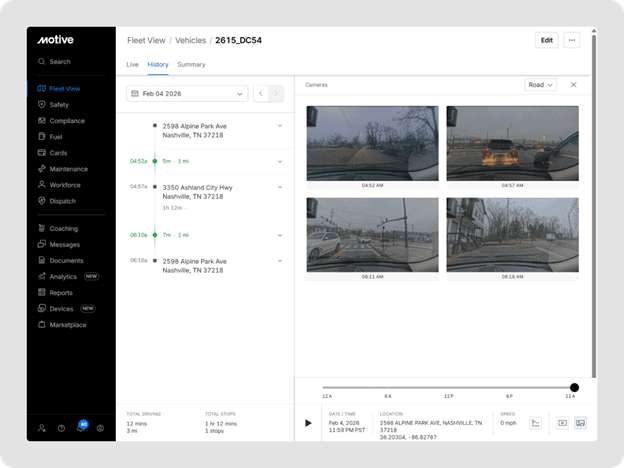 Motive dashboard showing vehicle trip history alongside dashcam footage and timeline controls for reviewing driver activity.