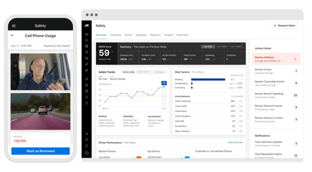 Motive Safety Score dashboard and mobile app showing driver behavior alerts, risk factors, and safety trends.