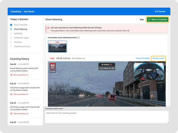 Motive coaching dashboard showing a driver's close-following incident with dashcam footage, AI risk detection overlay and options to review, add notes and mark the event as coached.