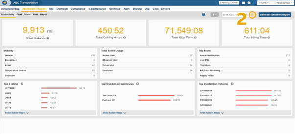 Motive dashboard showing a distance summary report with vehicle-level data, fuel usage and jurisdiction breakdowns, along with filters for fleet, date range and fuel type.