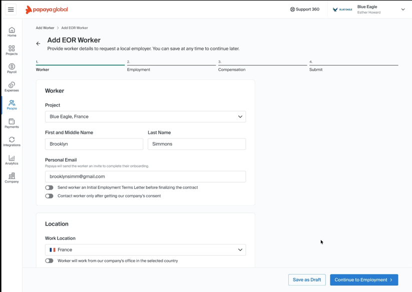 Papaya Global's EOR onboarding workflow showing the guided process for adding and onboarding an international employee.