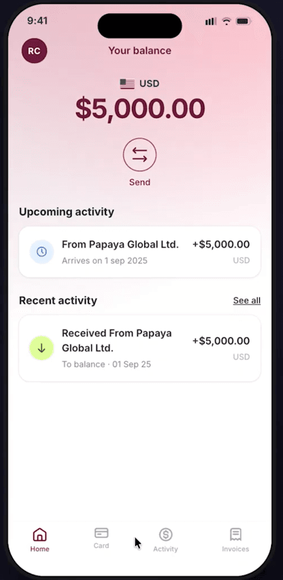 Papaya Banco Wallet mobile app showing a worker's account balance, payment activity and money transfer options.