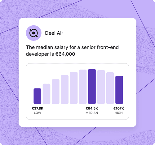 Deel AI interface displaying a salary benchmarking response with low, median and high salary ranges for a senior front-end developer.