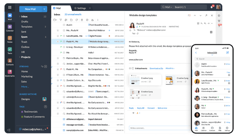 Zoho available on a web browser, email and platform