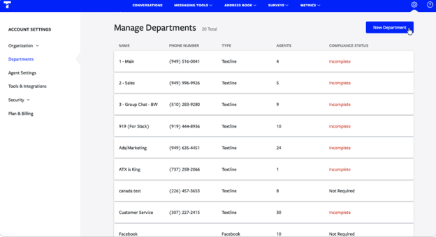 Textline's Manage Departments dashboard showing multiple departments, agents and phone numbers.