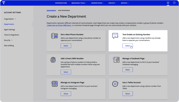 Textline's Create a New Department screen showing options to add phone numbers and connect Facebook, Instagram and Twilio accounts.