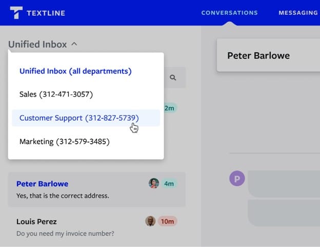 Textline's Unified Inbox showing a menu for switching between departments and viewing all conversations.