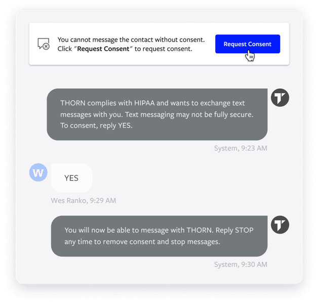 Textline's HIPAA texting interface showing the patient consent workflow before secure text conversations can begin.