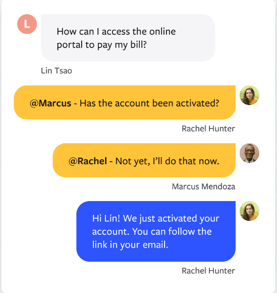 Textline's Whisper feature showing team members exchanging private internal messages during a customer conversation.