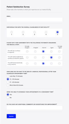 Textline's survey builder showing a customizable patient satisfaction questionnaire.