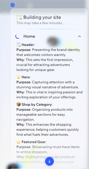  A series of updates from Wix's AI website builder explaining the website elements it is producing. 
