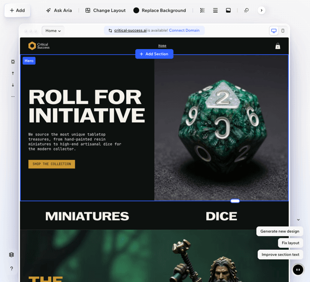 The Wix Harmony editor displaying the first draft of a website Aria designed based on a prompt for a store selling Dungeons and Dragons accessories. 